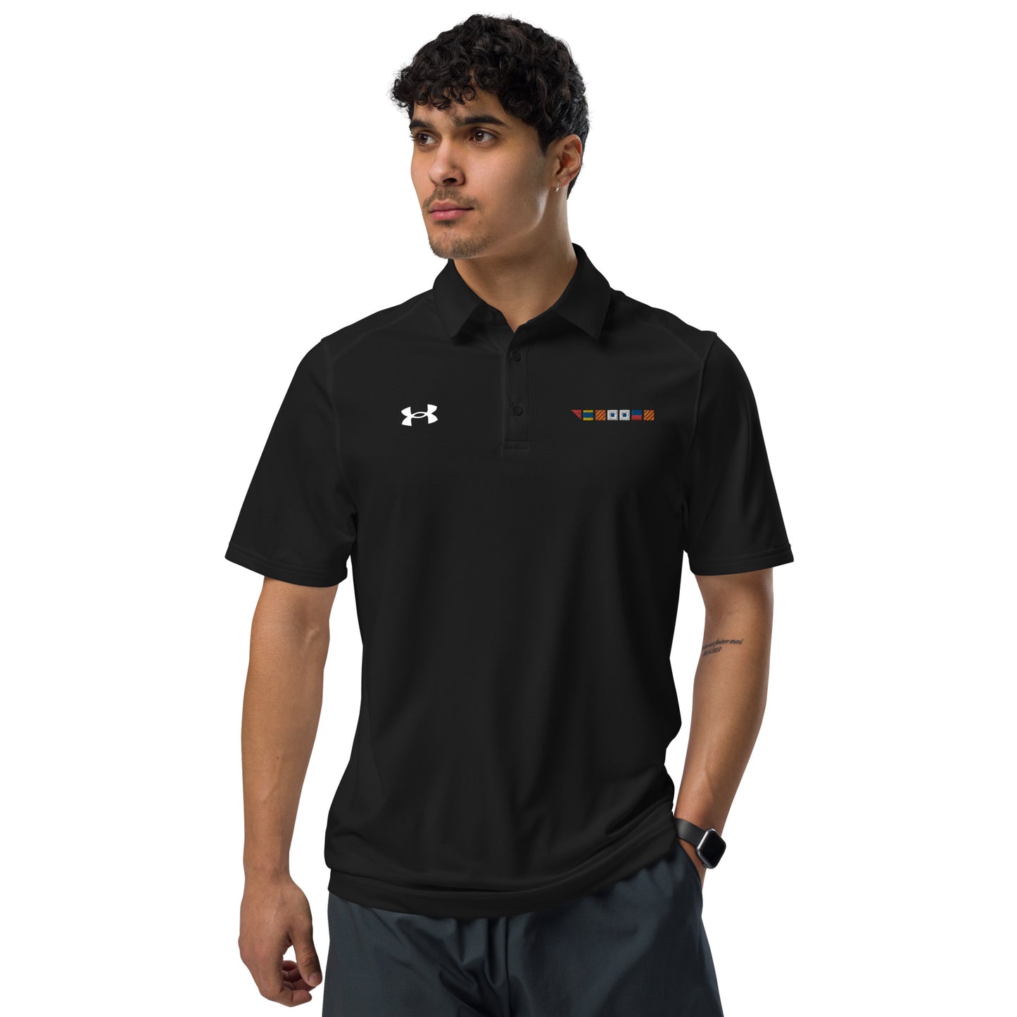 ODYSSEY spelled out with Embroidered Nautical Flags Under Armour® men's polo, Semaphore Flags Polo Shirt