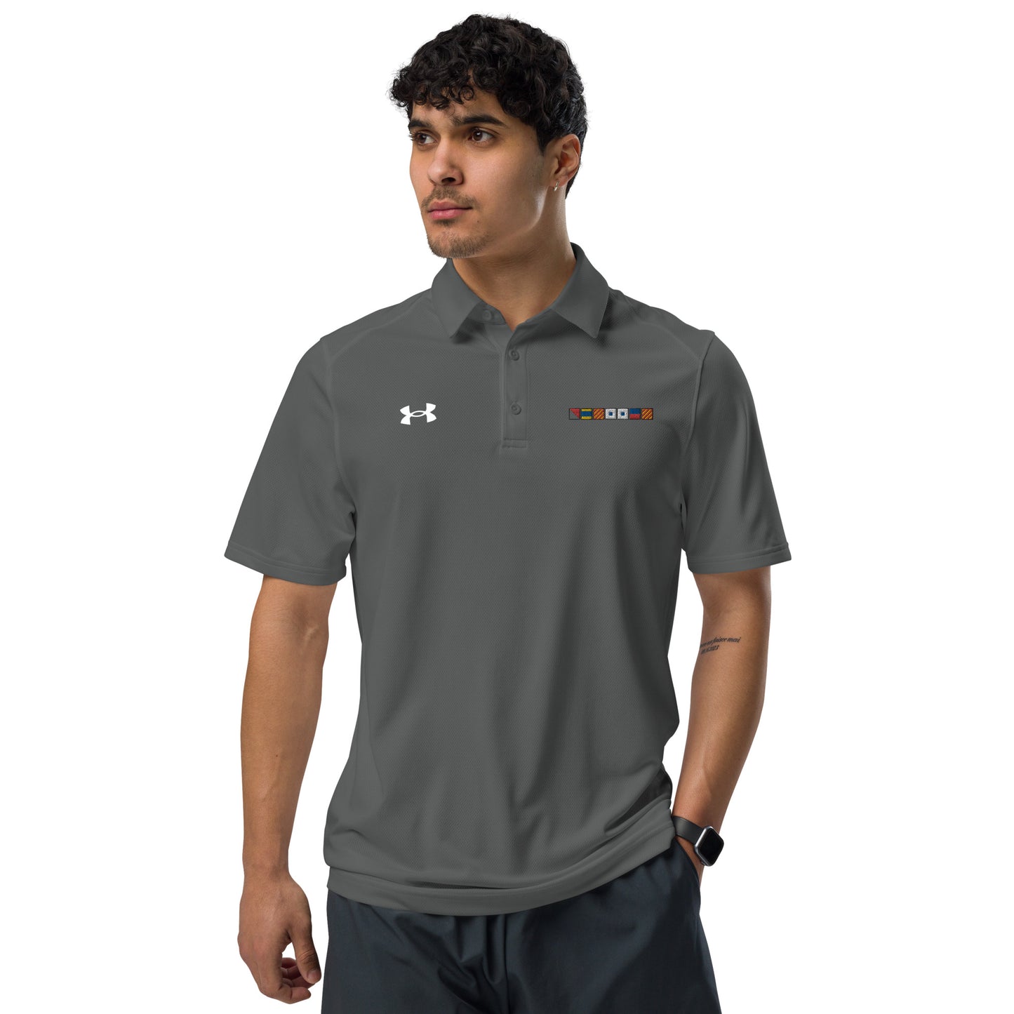 ODYSSEY spelled out with Embroidered Nautical Flags Under Armour® men's polo, Semaphore Flags Polo Shirt