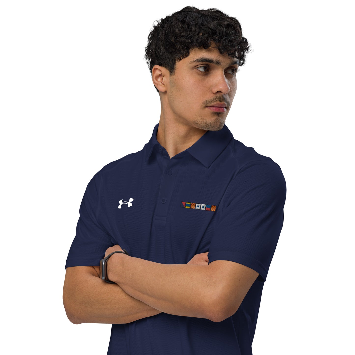 ODYSSEY spelled out with Embroidered Nautical Flags Under Armour® men's polo, Semaphore Flags Polo Shirt