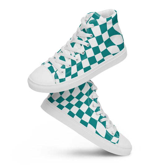 Women’s Teal Checkered high top canvas shoes, Checkered Sneakers, Gift Shoes