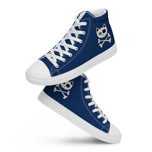 Women’s Blue high top canvas shoes with Pirate Cat Skull and Crossbones