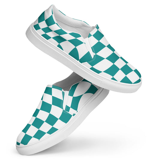 Women’s Teal Checkered slip-on canvas shoes, Women's Teal Casual Shoes