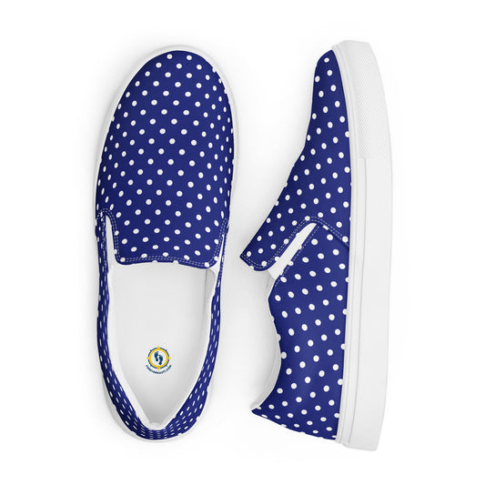 Women’s Navy Blue slip-on canvas shoes with White Polka Dots, Summer Cruising Shoes