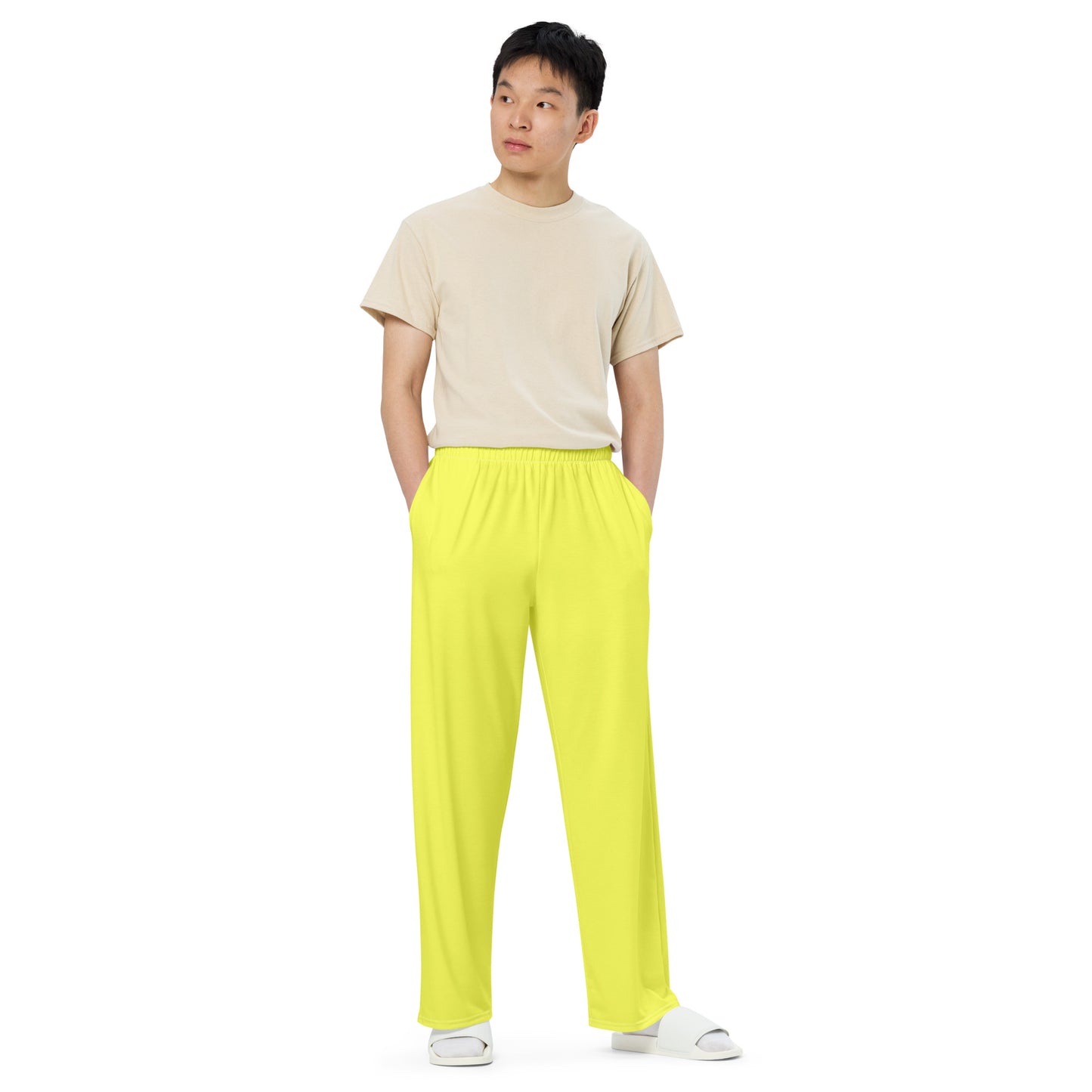 Hello Yellow unisex wide-leg pants, Yellow baggy casual pants, summer pants,