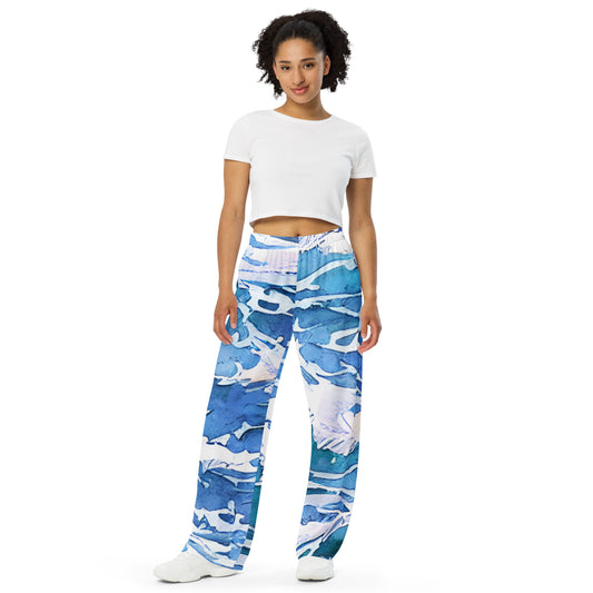 Ocean Waves print unisex wide-leg pants, Nautical Themed Summer Pants