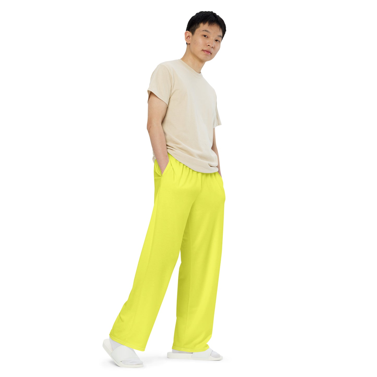 Hello Yellow unisex wide-leg pants, Yellow baggy casual pants, summer pants,