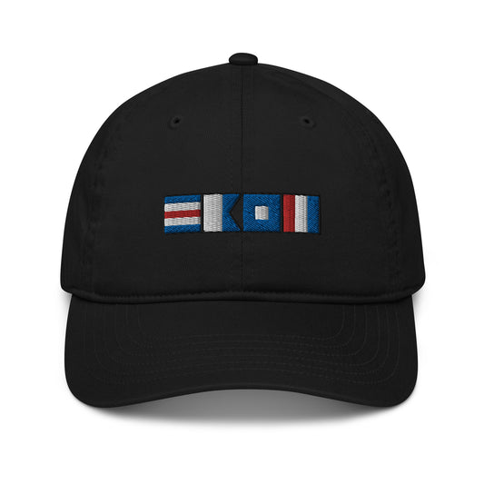 Organic dad hat with CAPT (captain) spelled out with signal flags, semaphore flag design cap