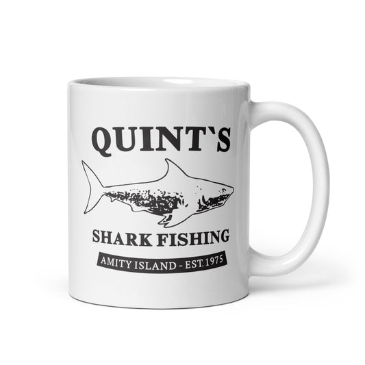 Funny Nautical White glossy mug, Quint's Shark Fishing since 1975
