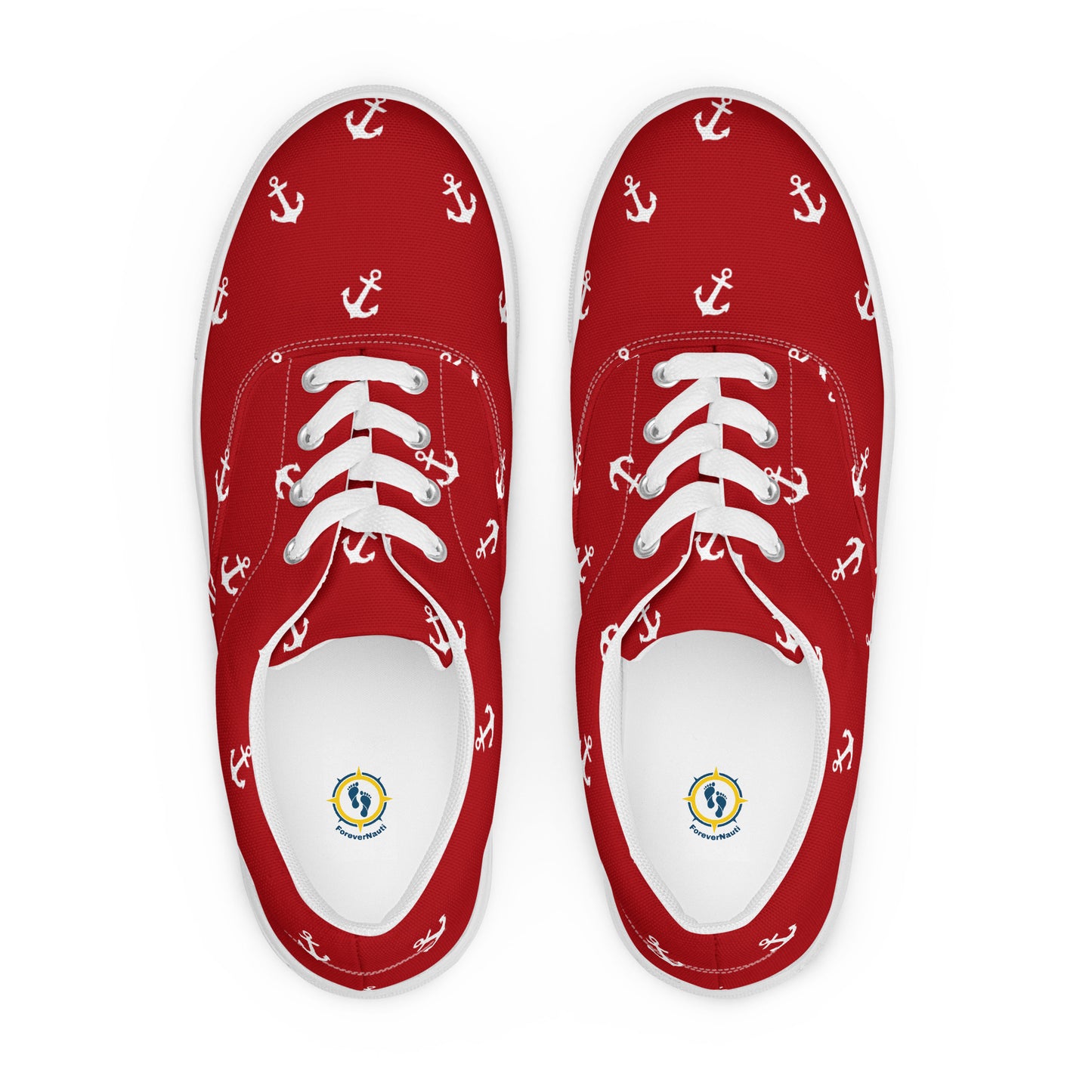 Women’s Red with white anchors lace-up canvas shoes, Red nautical print sneakers