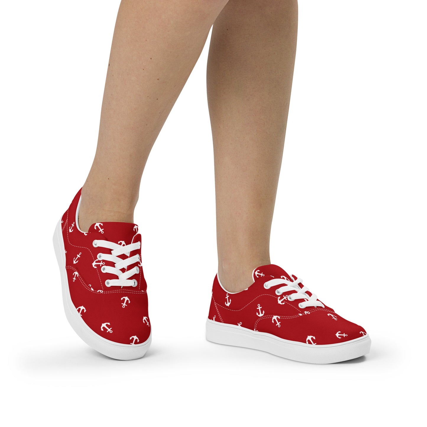 Women’s Red with white anchors lace-up canvas shoes, Red nautical print sneakers