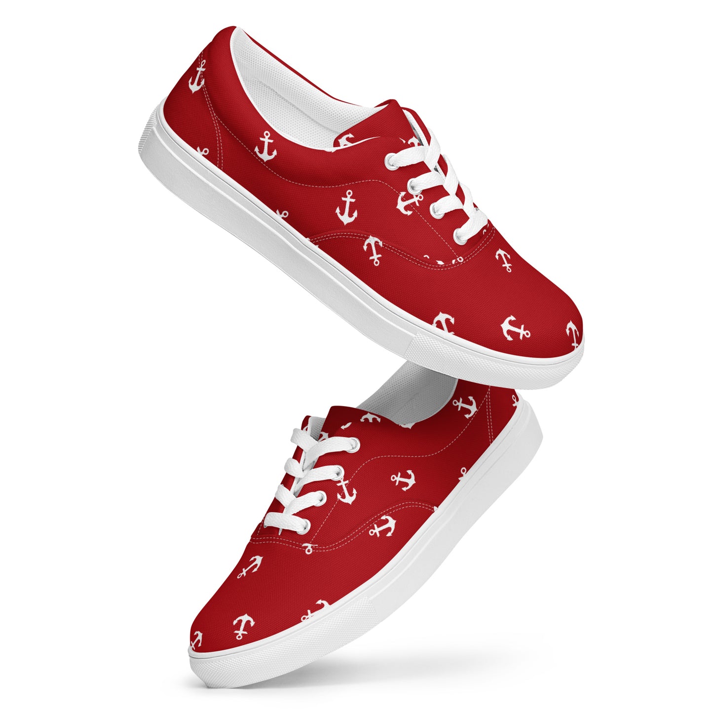 Women’s Red with white anchors lace-up canvas shoes, Red nautical print sneakers