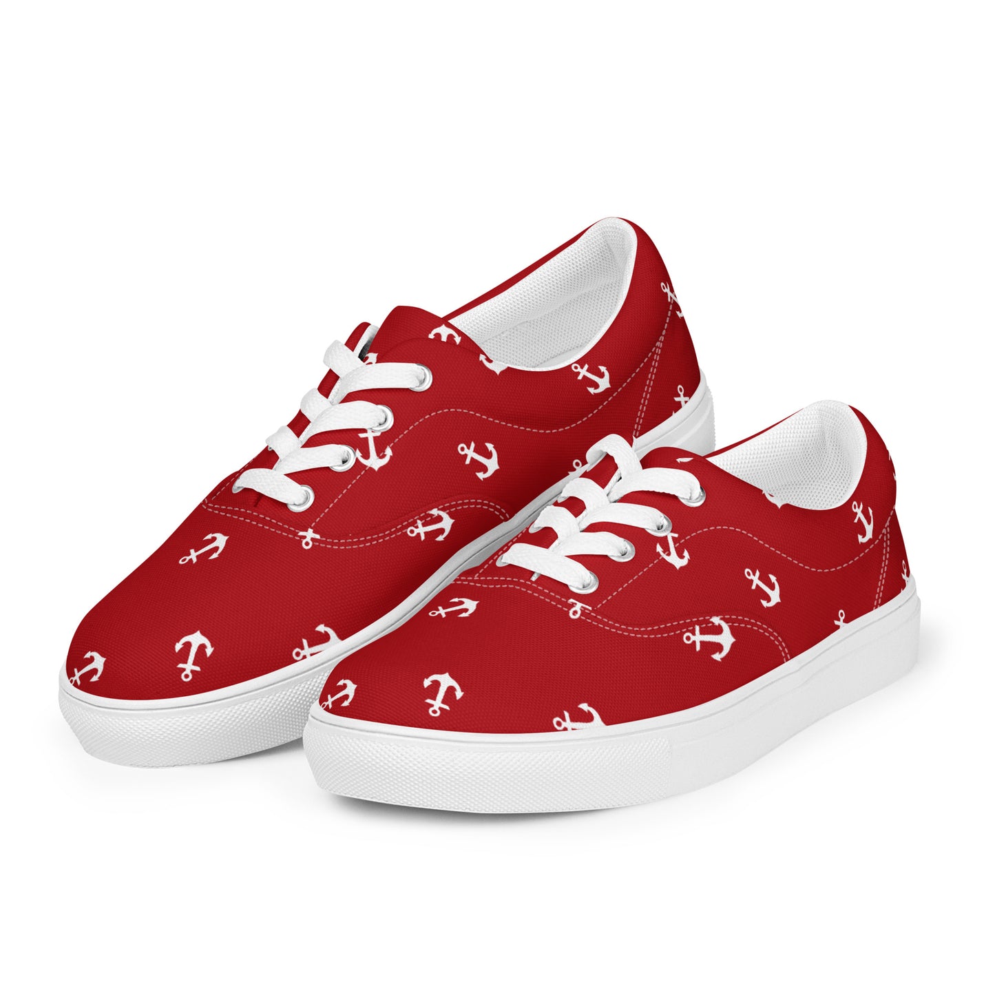 Women’s Red with white anchors lace-up canvas shoes, Red nautical print sneakers