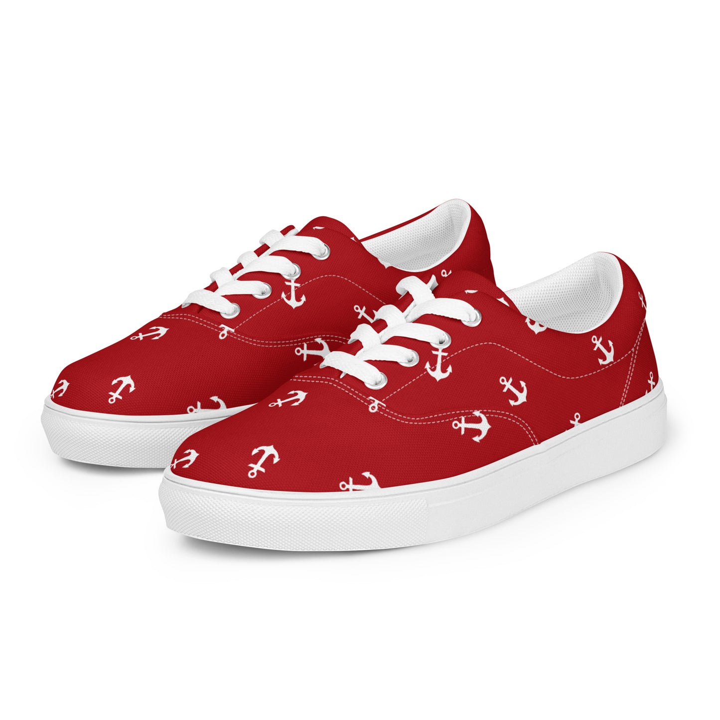 Women’s Red with white anchors lace-up canvas shoes, Red nautical print sneakers