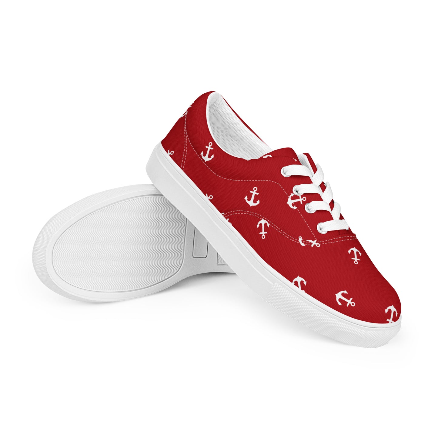 Women’s Red with white anchors lace-up canvas shoes, Red nautical print sneakers