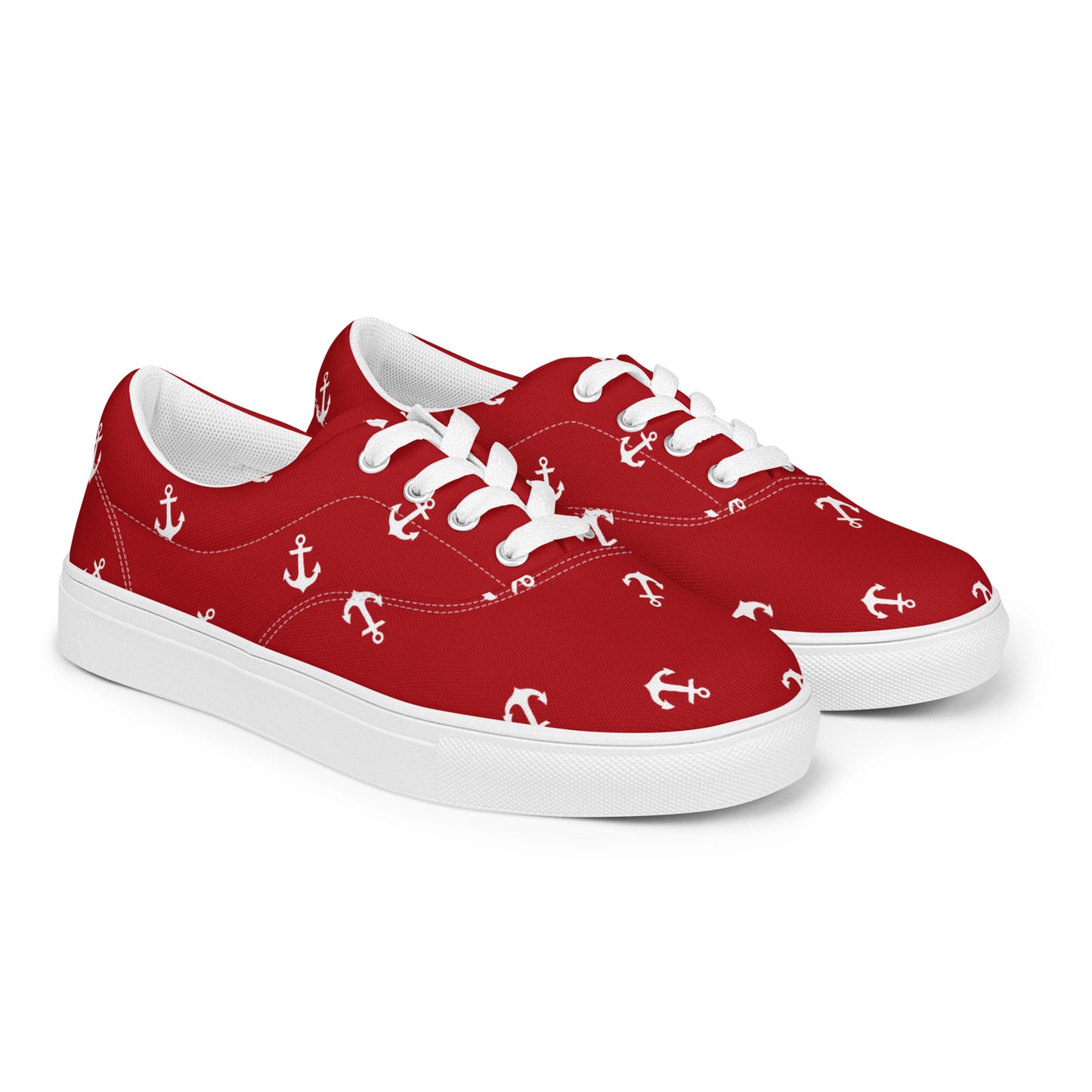 Women’s Red with white anchors lace-up canvas shoes, Red nautical print sneakers