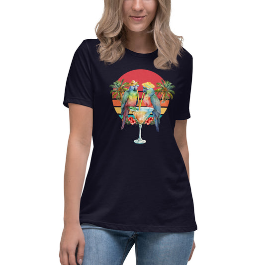 Women's Relaxed Margarita T-Shirt, Cruising Shirt, Parrots Drinking A Margarita