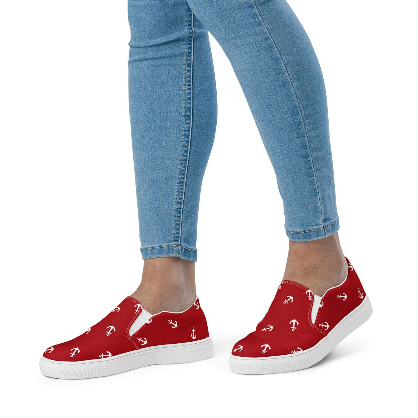 Women’s Red with white anchors slip-on canvas shoes, Red nautical print casual shoes