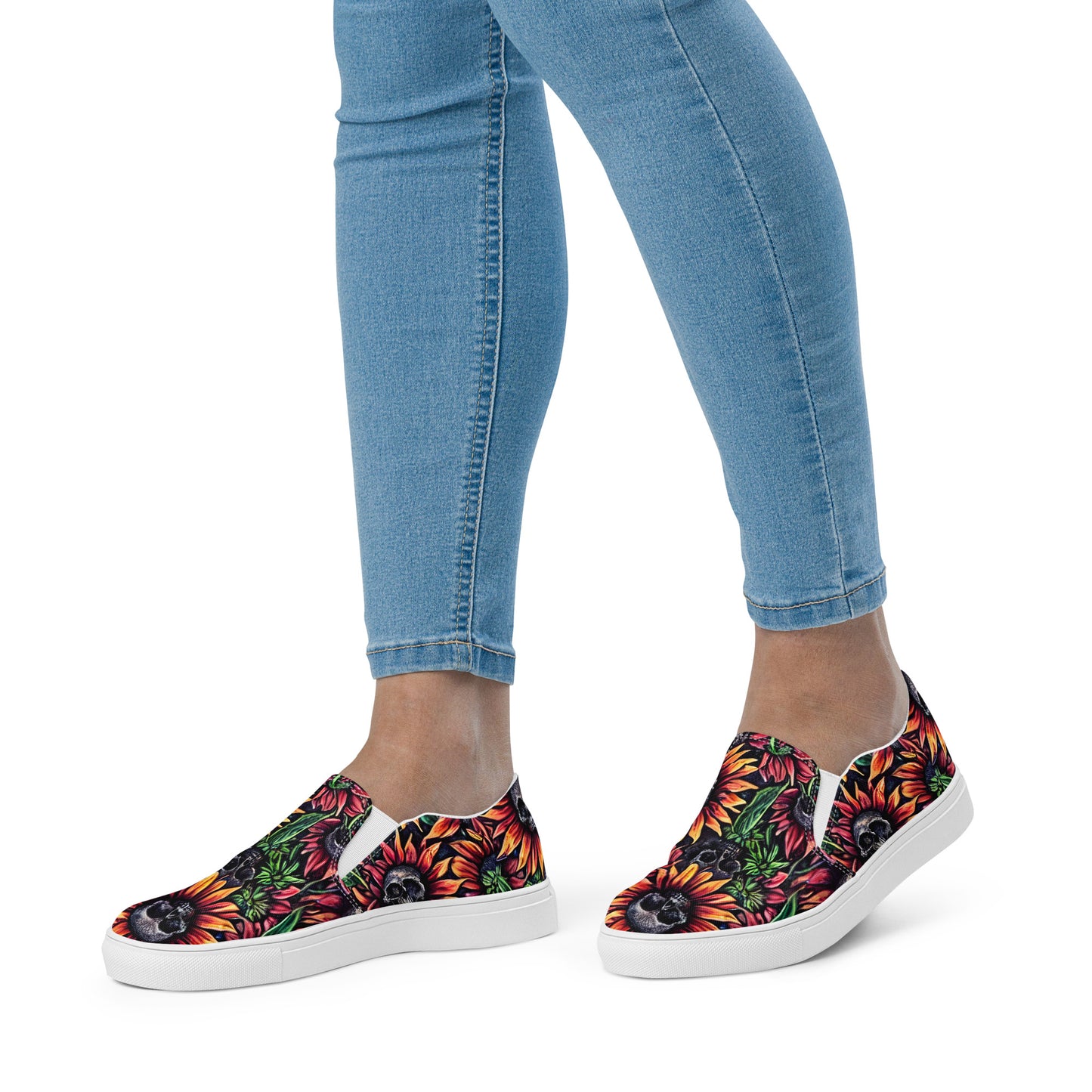 Sunflower Skull Women’s slip-on canvas shoes, Women's pirate shoes