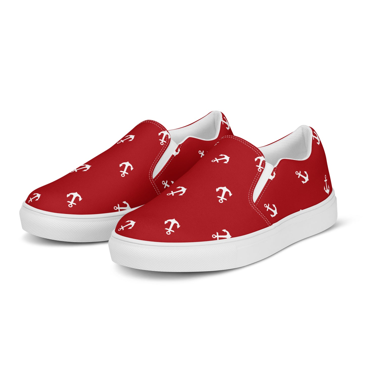 Women’s Red with white anchors slip-on canvas shoes, Red nautical print casual shoes
