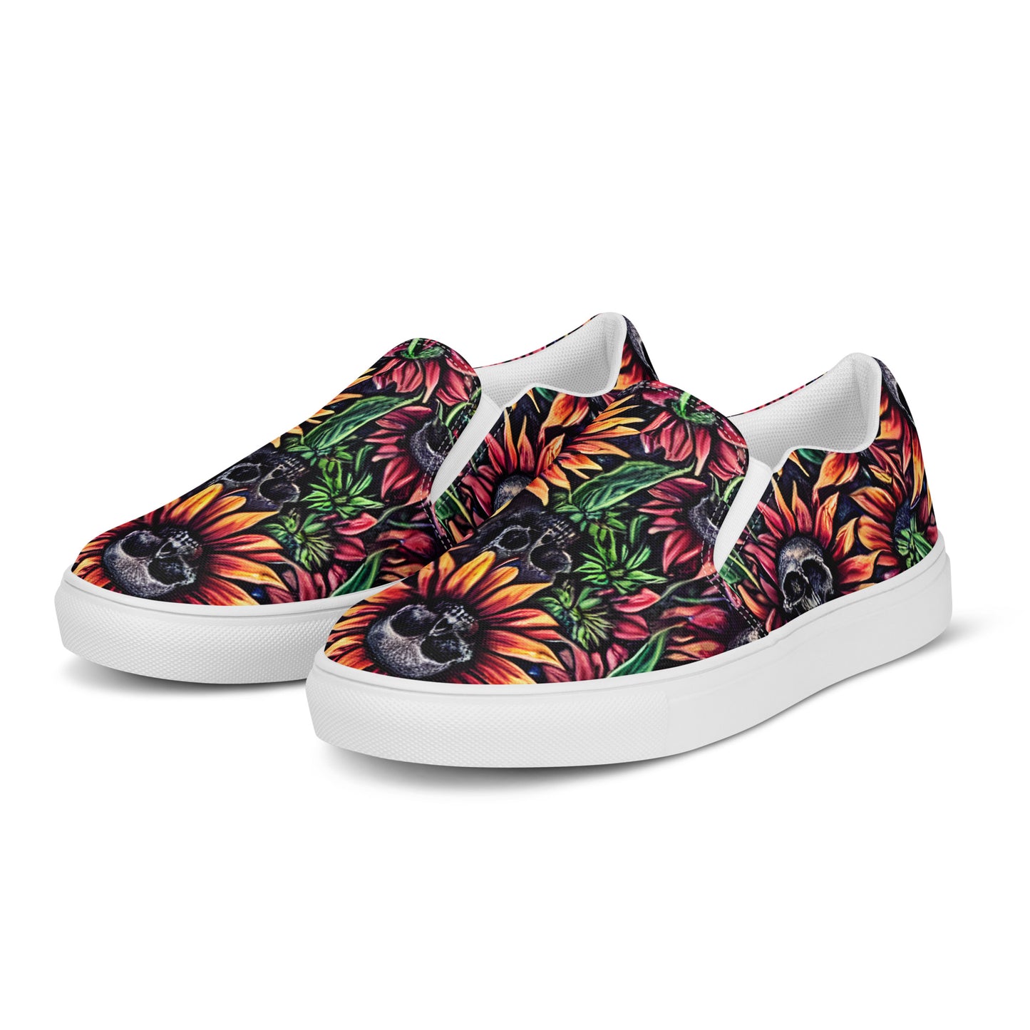 Sunflower Skull Women’s slip-on canvas shoes, Women's pirate shoes