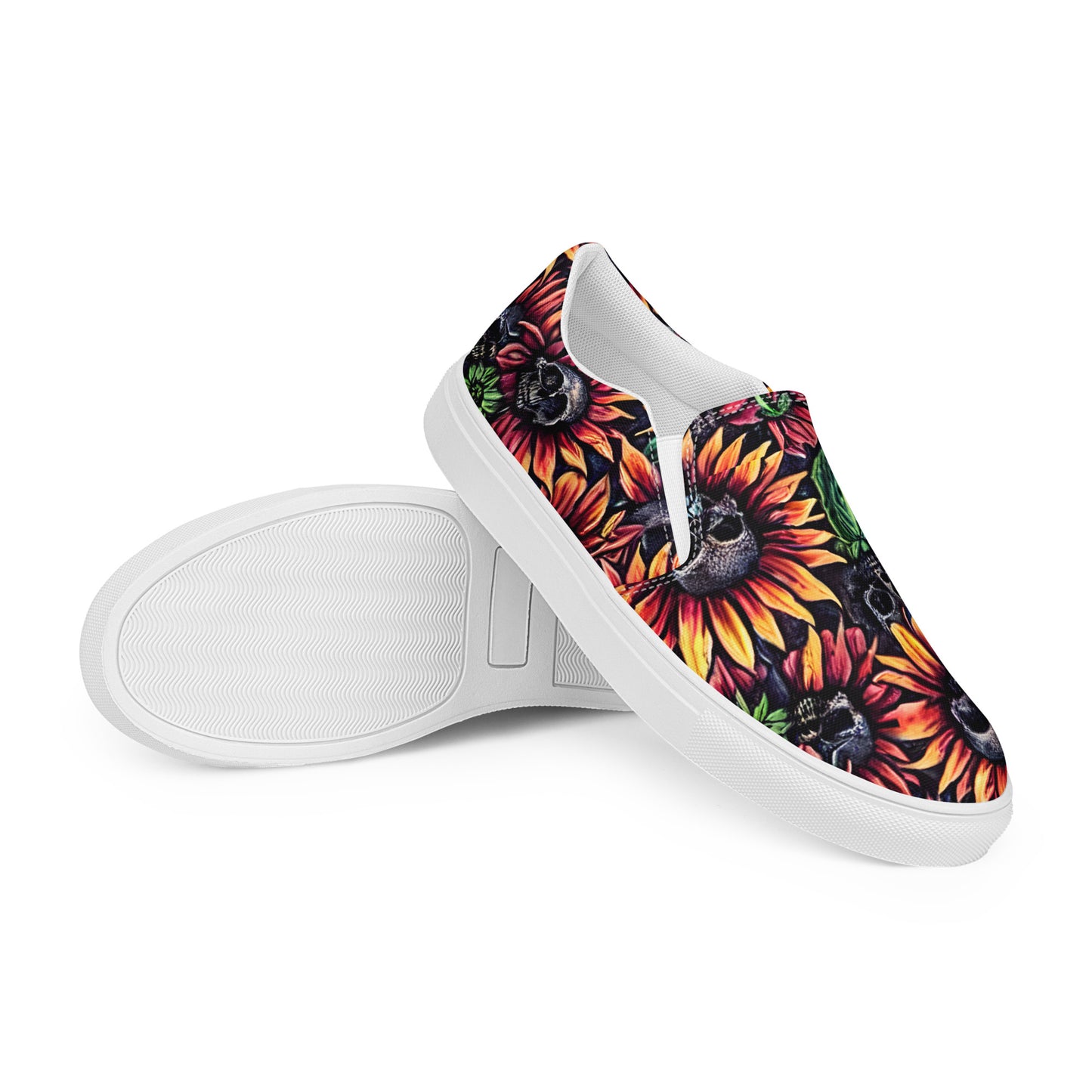 Sunflower Skull Women’s slip-on canvas shoes, Women's pirate shoes